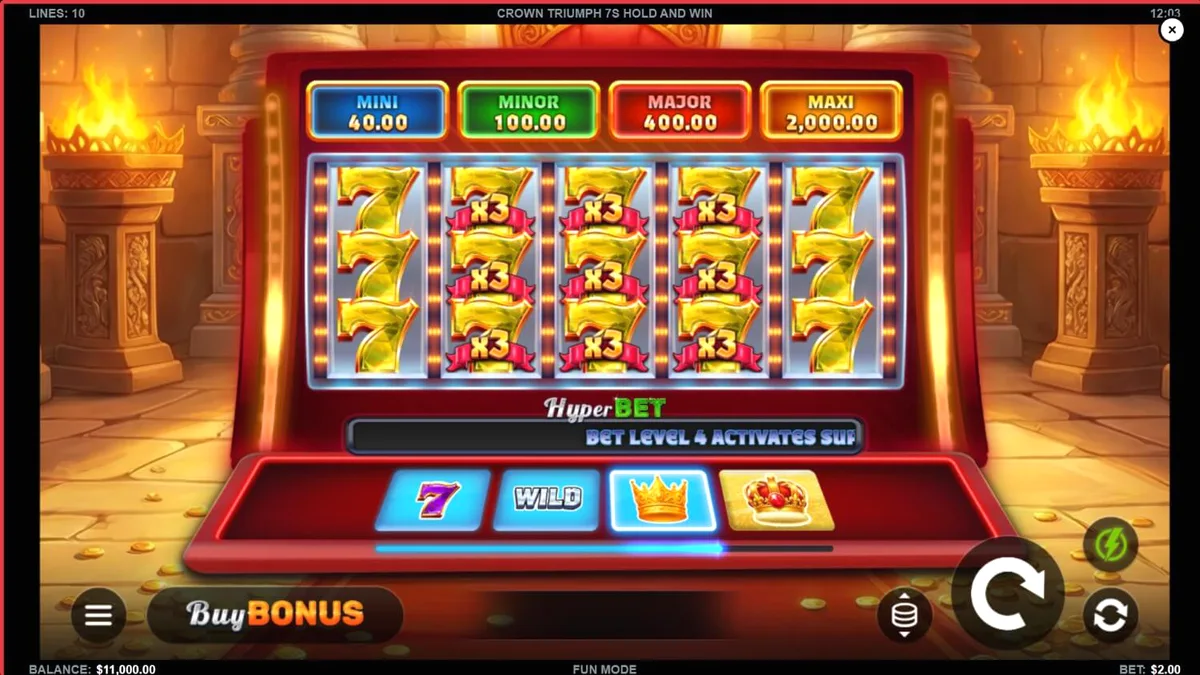 Interface do slot Crown Triumph 7s Hold and Win com símbolos clássicos e elementos reais