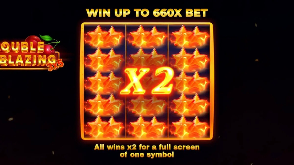 Interface do jogo 3x5 Double Blazing com símbolos clássicos e fundo de fogo