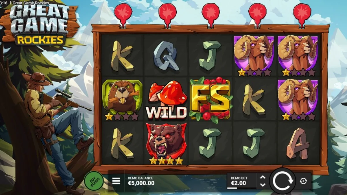Cenário de montanhas selvagens com símbolos de animais do slot Great Game Rockies